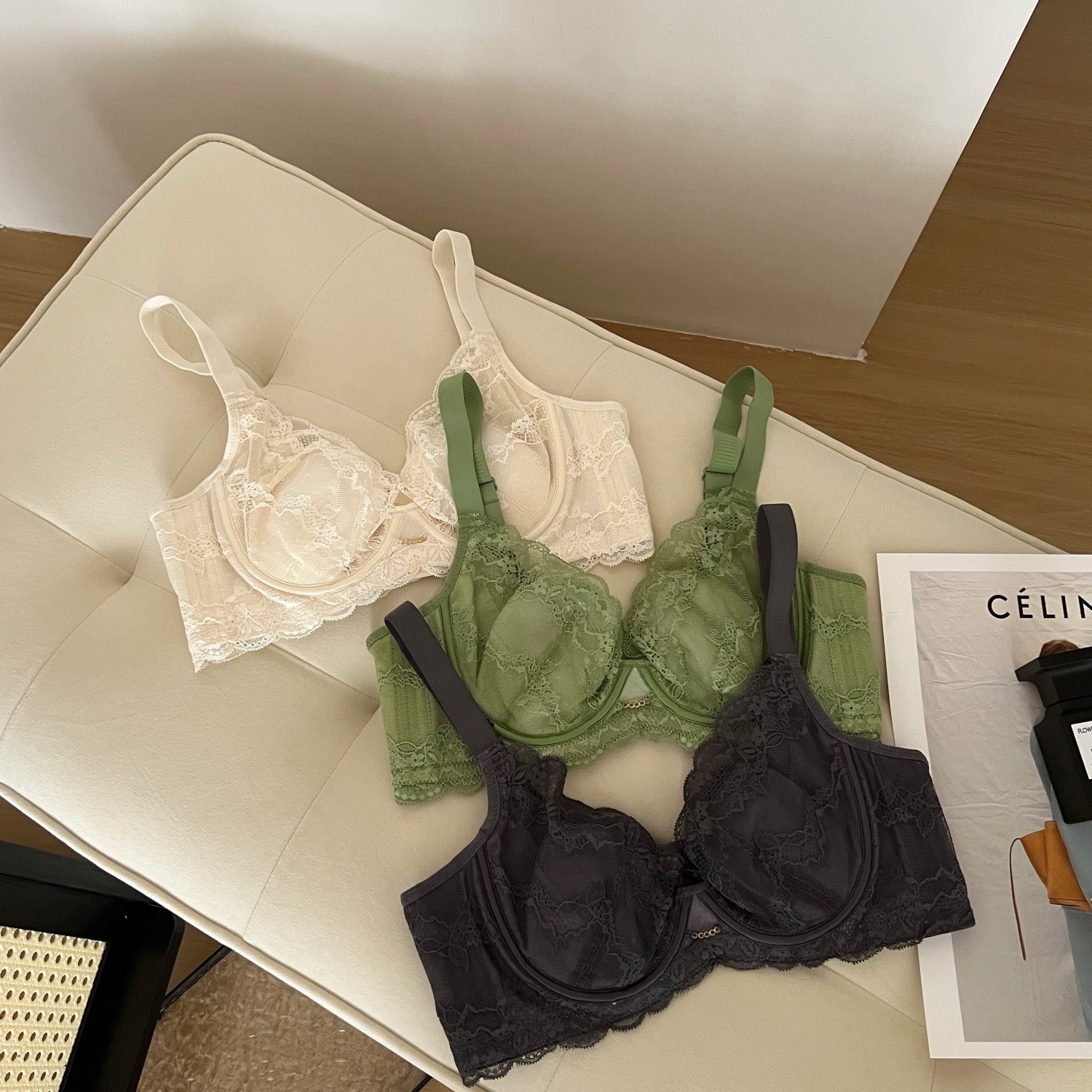 하이 엔드 조정 가능한 브래지어 울트라 얇은 토끼 귀 크리스탈 컵 소프트 링 통기성 프랑스 레이스 속옷 팬티 엔티티