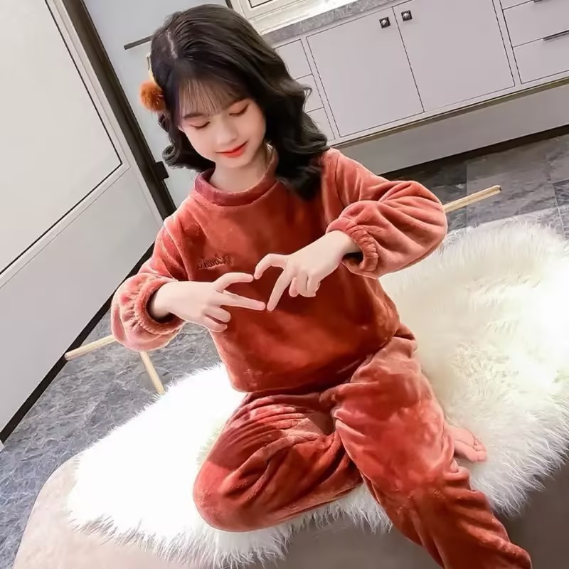 儿童睡衣睡裤冬季加绒圆领保暖家居服男女女童网红暖暖裤套装可爱