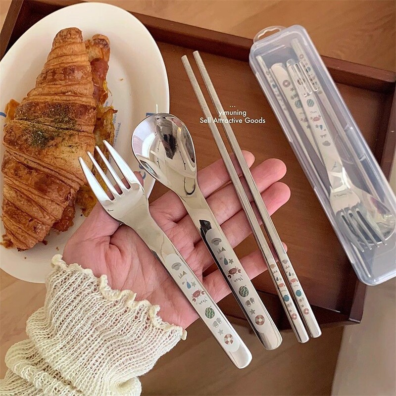 Children's Stainless Steel Spoon and Chopsticks Three-Piece Set Korean Style Outdoor Student Travel Single-Person Tableware Set Ins Style Children's Stainless Steel Spoon and Chopsticks Three-Piece Set Korean Style Outdoor Student Travel Single-Person Tableware Set Ins Style