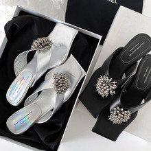 真皮人字拖鞋女夹脚凉拖鞋夏新款性感细跟中跟牛皮方头外穿拖鞋女