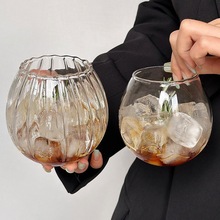 咖啡杯果汁牛奶饮品杯子高硼硅球形竖纹杯家用圆形蛋球水杯玻璃杯