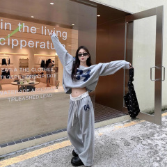 美式复古印花露肩长袖卫衣运动套装女秋季休闲阔腿裤子灰色两件套