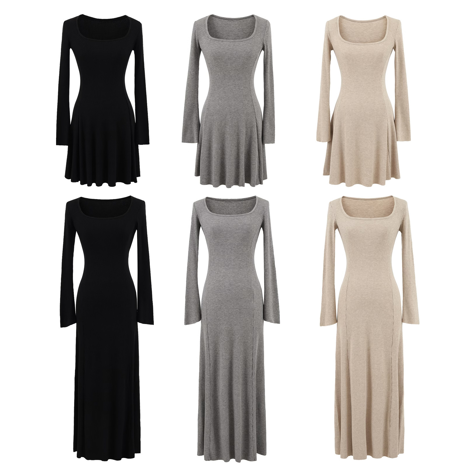 ​​Flared Sleeve Mock Neck Knit Dress – Slim Waist A-Line Mini/Midi Dress (Black/Grey/Khaki, S-L)​​_ecoleips.com