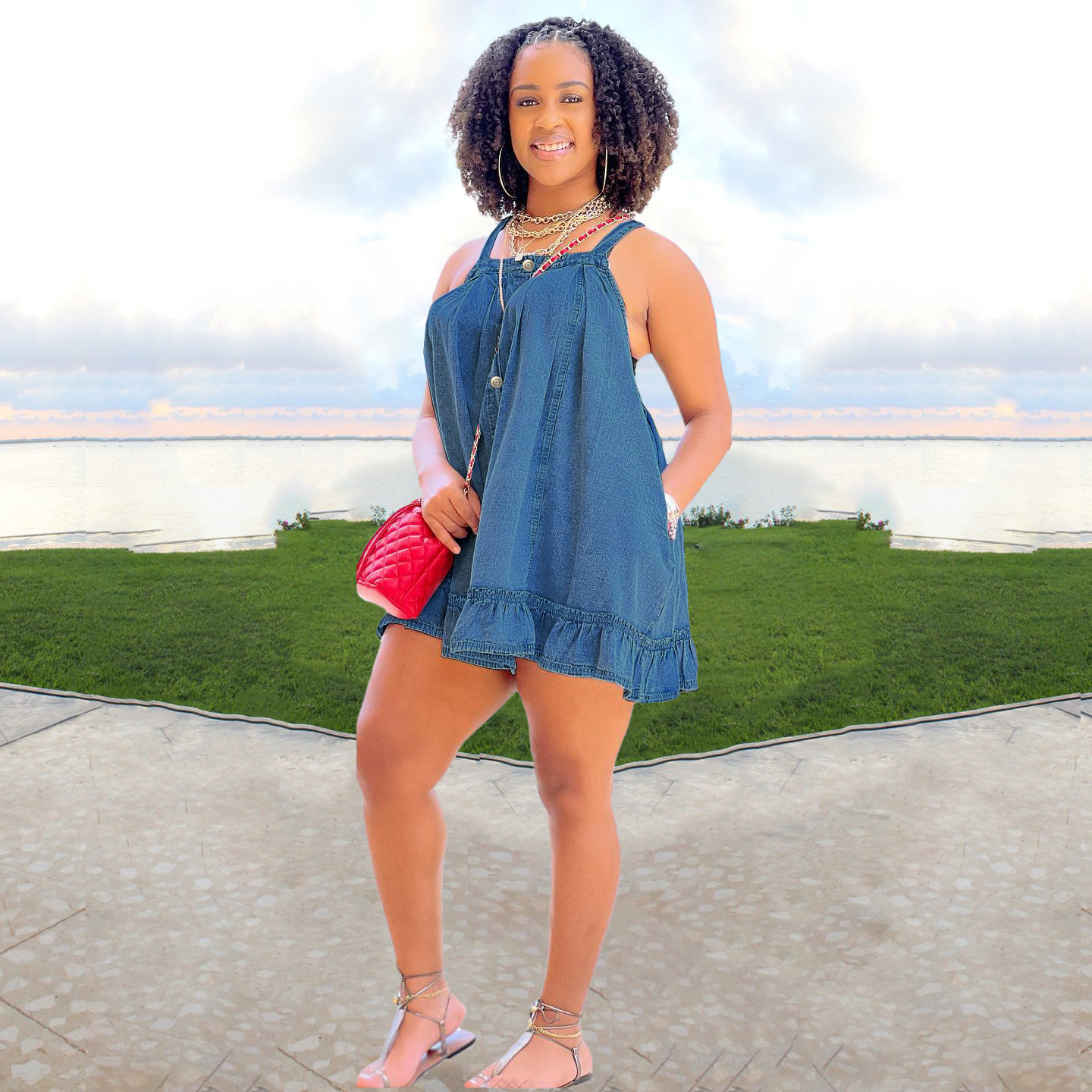 women's clothing Solid color suspenders button pocket loose washed denim dress_mkmklike.com