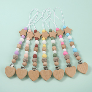 New hot sale pacifier chain baby supplies five-pointed star Round Wood safety silicone pacifier anti-drop chain