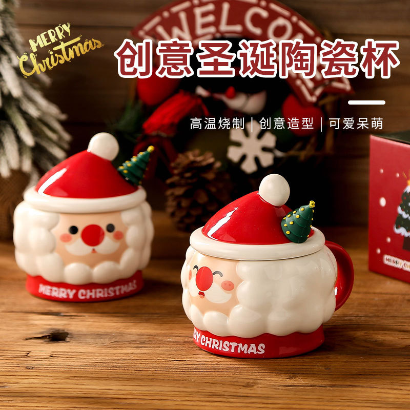 Taza de Navidad creativa taza de Navidad Santa Claus con tapa cuchara taza de regalo taza de regalo pintada a mano
