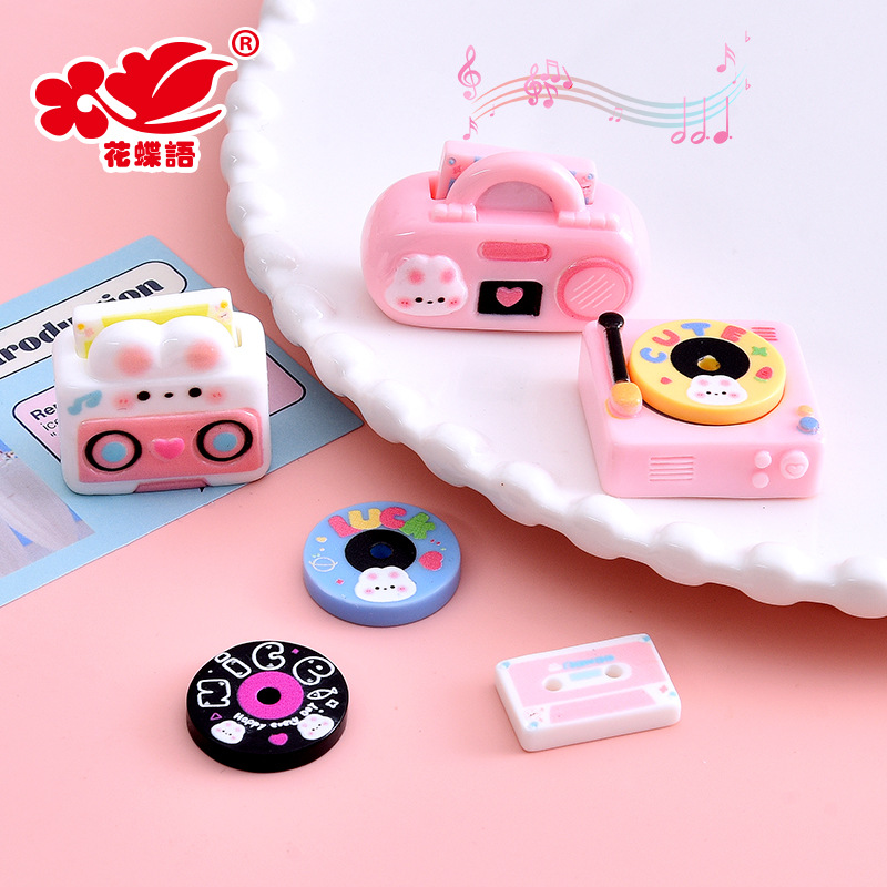 Cartoon Mini Bunny Record Player DIY Decorations Accessories Children Doll House Handmade Refrigerator Stickers Resin Accessories