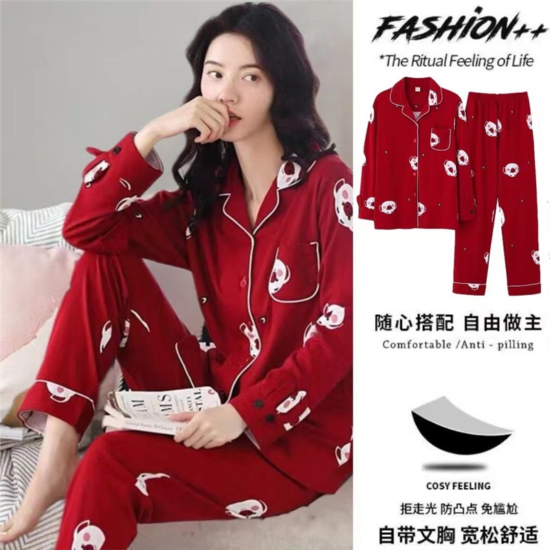 Pijama de algodón 100% para mujer con almohadilla en el pecho Primavera y otoño pantalones de manga larga cardigan Delgado traje suelto otoño ropa para el hogar verano