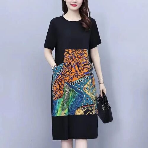 Summer New Fat Women Loose Plus Size Belly Covering Slimming Elegant Youthful Print Splicing Plus Size Dress Women
