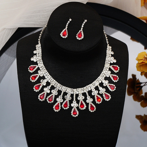 Cross-border supply European and American best-selling bridal necklace set Fashionable high-end colorful crystal necklace and earrings two-piece set