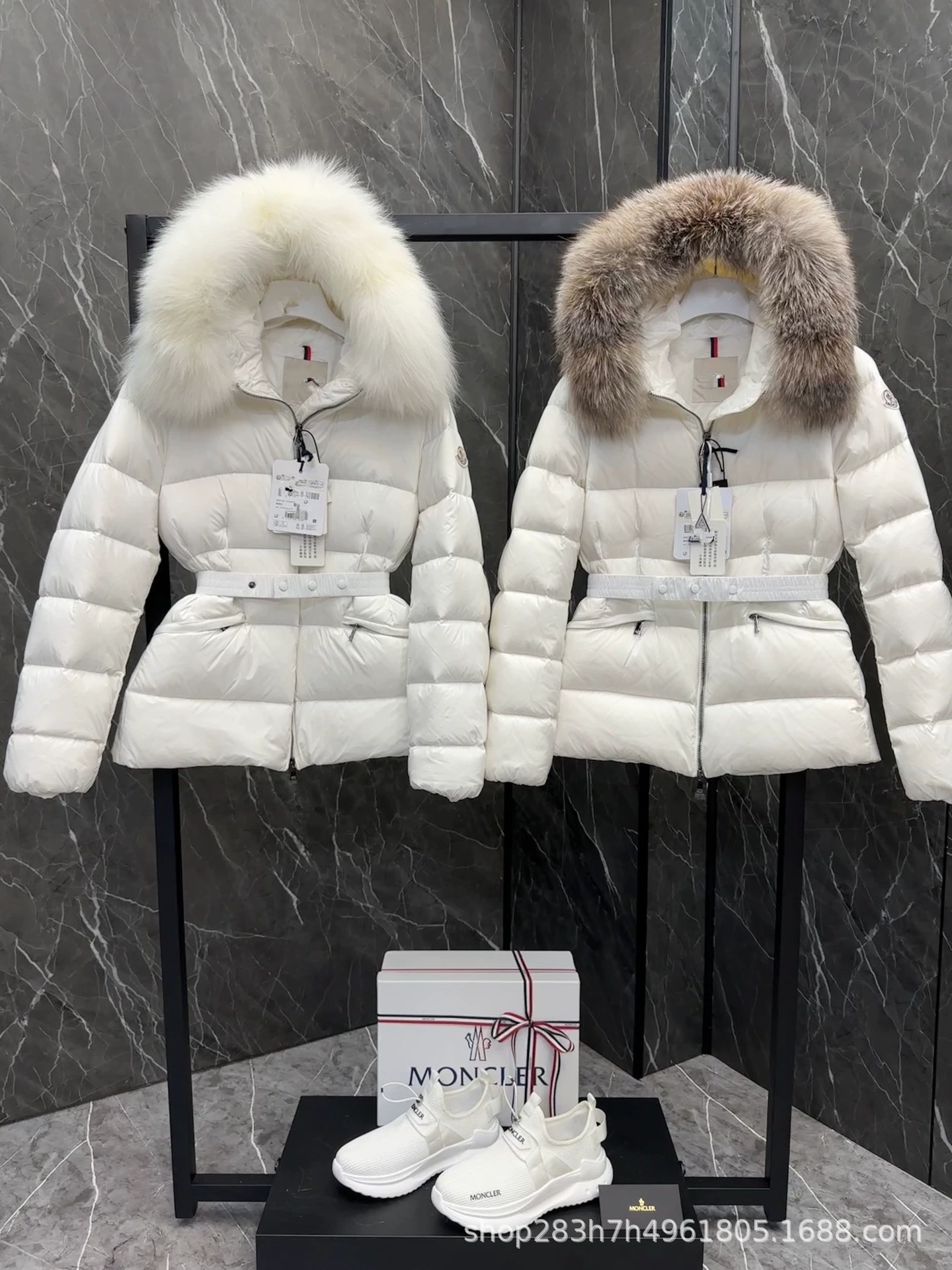 Down jacket, long fitted hoody, belt, mid-length