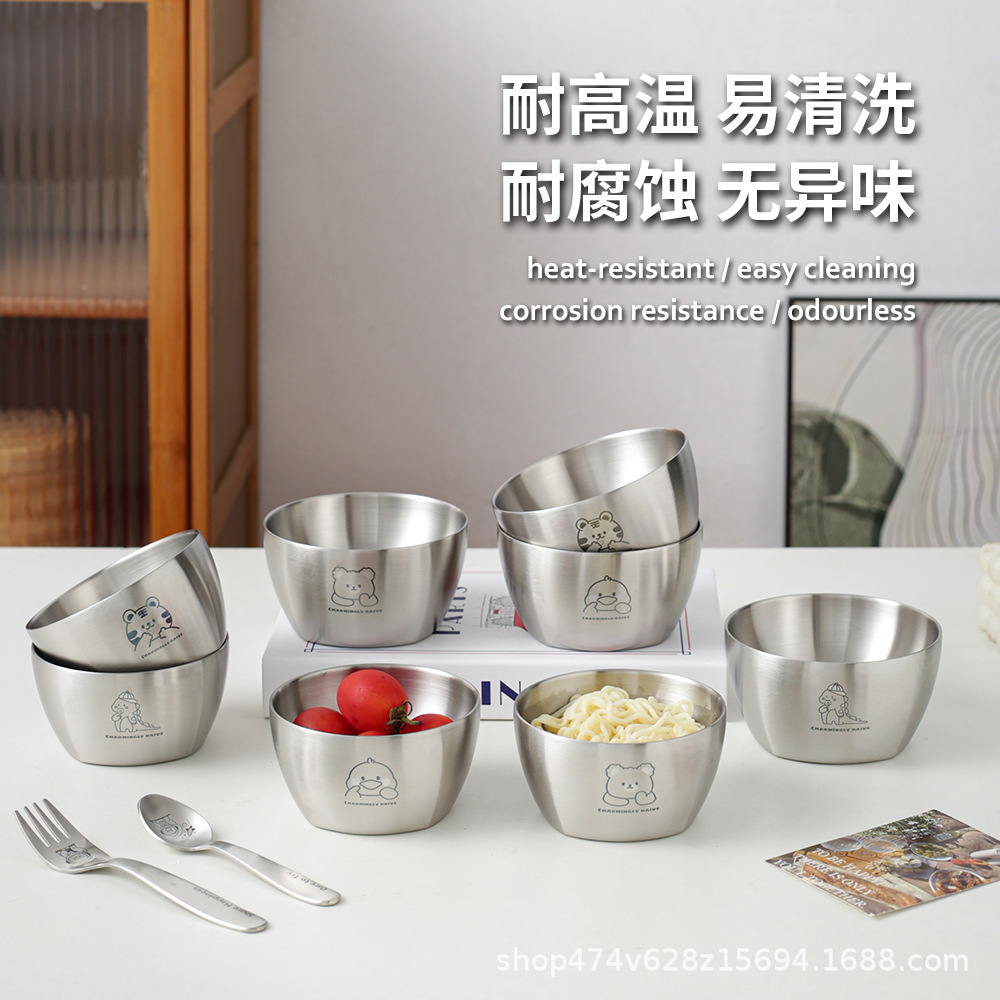 Food-Grade Set of Stainless Steel Soup Bowls, Round Children's Double-Layer Anti-Scalding Creative Style Household Baby Anti-Fall Bowl with Lid