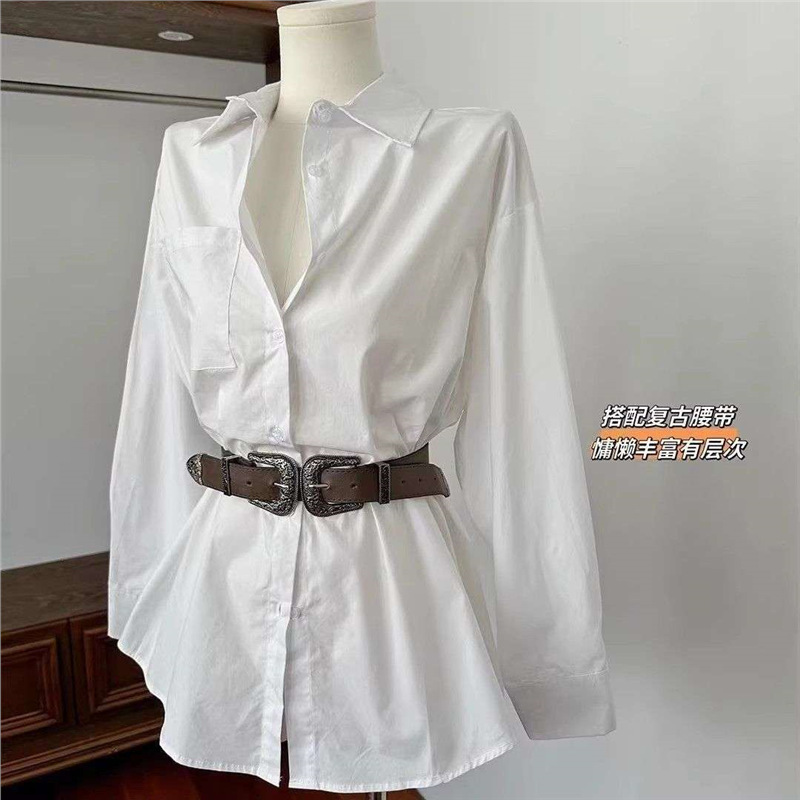 Zhao Lusi's Same Style White Asymmetrical Lapel Shirt Dress with Belt Sexy Design Long-Sleeved Shirt for Women
