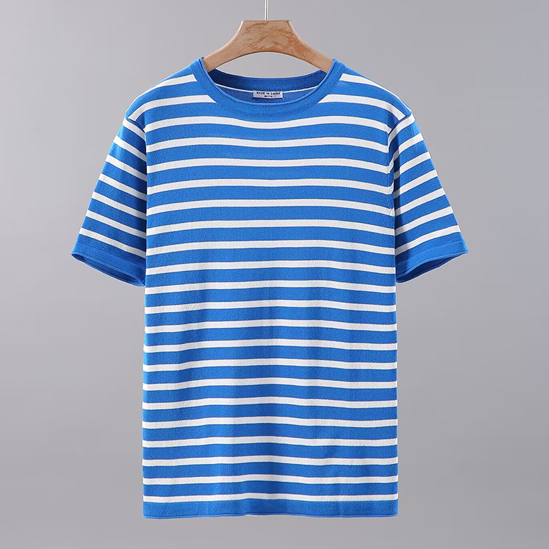Spring/Summer American Cotton Knitted Half Sleeves Bottom Shirt for Men's Casual Stripe Short Sleeve T-shirt for Men's Trendy T-shirt_voghion.com
