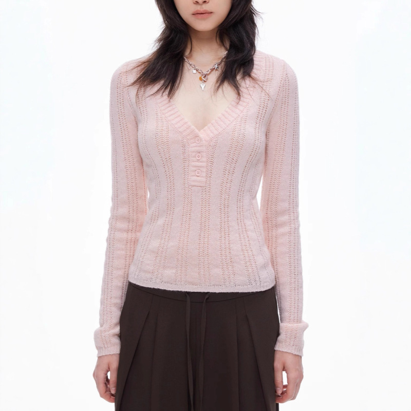 藕粉色V领毛织上衣女2025FW竖坑条螺纹镂空羊毛针织衫|undefined