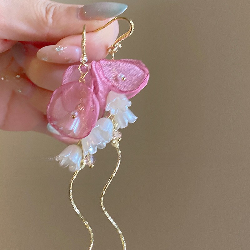 Pendientes de borla de flores de gasa de aguja de plata Pendientes de dopamina de bosque dulce Pendientes de todo fósforo de tendencia de nicho Mujeres al por mayor