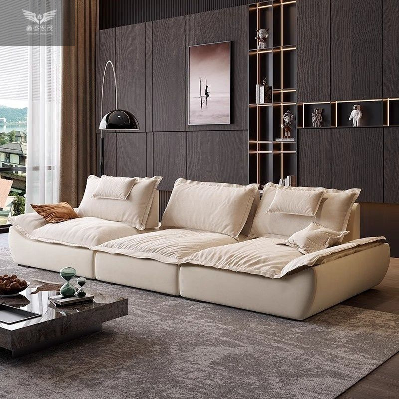 Continuación, estilo italiano, minimalista, súper ancho, gran profundidad de asiento, respaldo ajustable, vela, sofá de cuero de tela en línea recta simple moderno