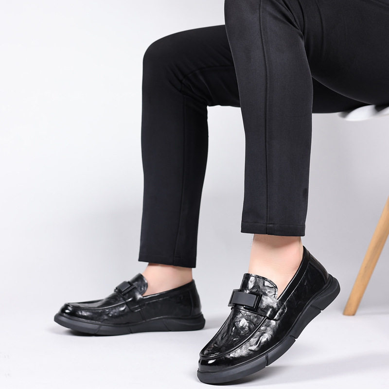 Giày lười nam da bò vân nổi mũi nhọn, gót thấp 1–3 cm, phong cách thường ngày — PZ98005 màu nâu, PZ98005 màu đen