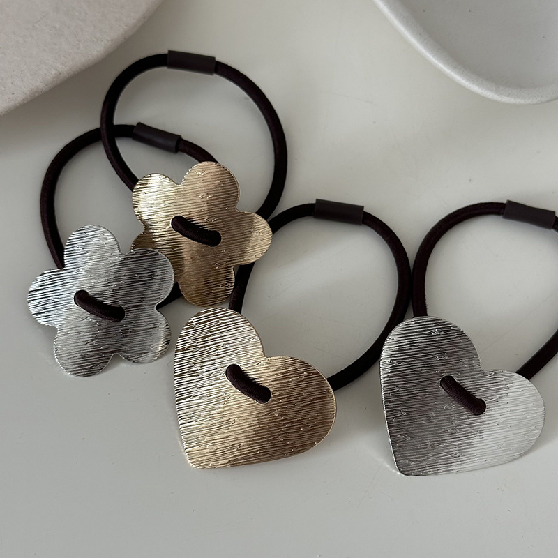 Koreaanse stijl legering hoogwaardige haarband geborsteld liefdesbloem hoofd touw eenvoudige hoge elastische rubberen band vrouwen haaraccessoires_voghion.com