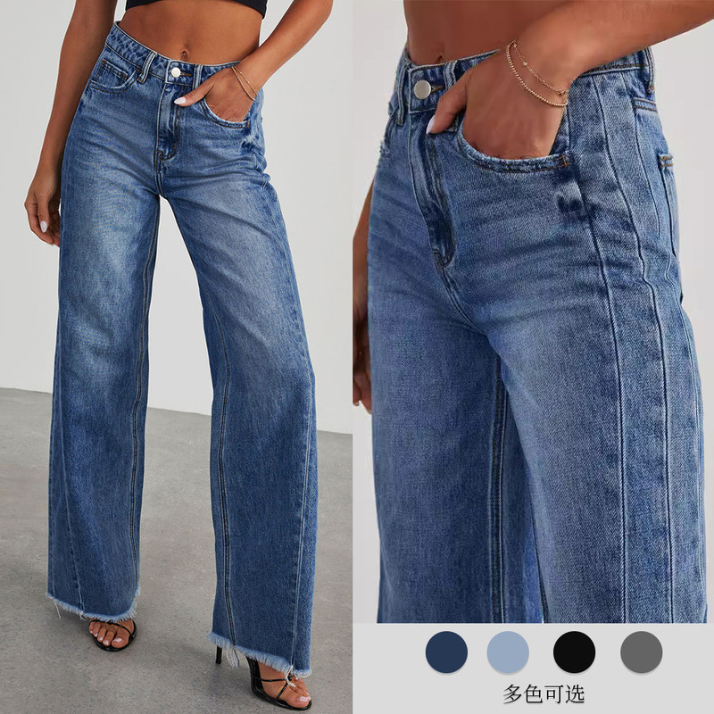 Cross-Border 2025 Spring New Amazon Independent Station Foreign Trade Women's Denim Trousers Washed Denim Wide-Leg Pants in Stock