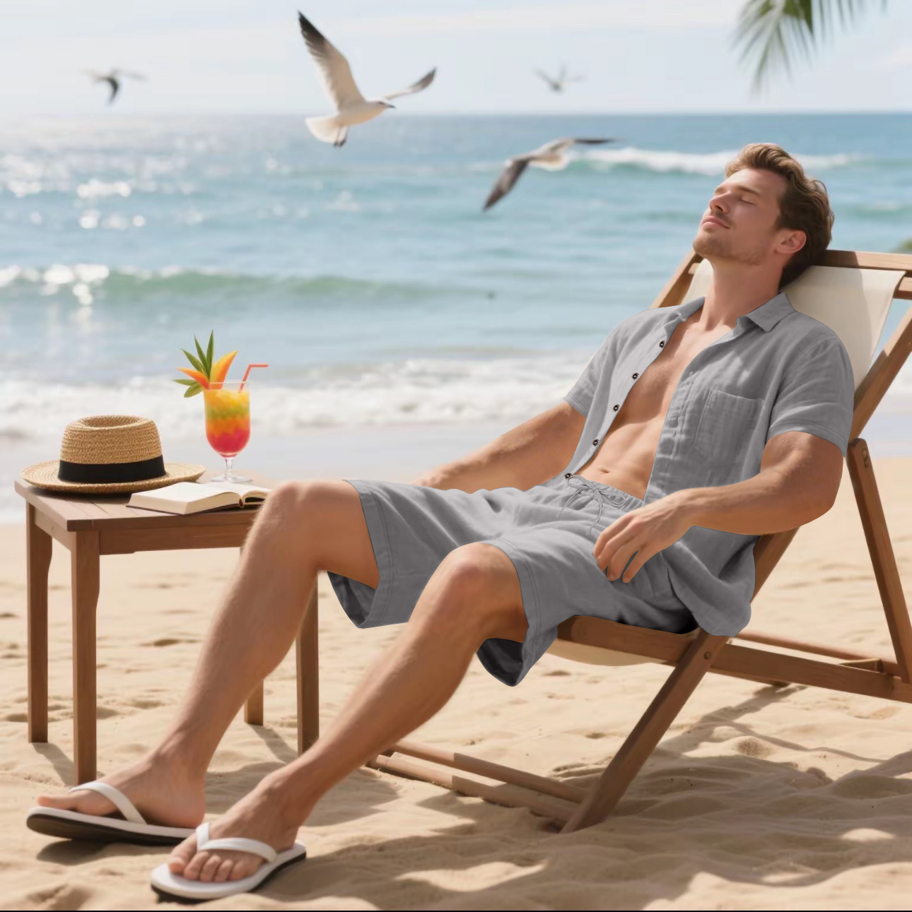 Herren Leinenhemd Mit Shorts Set Sommer Freizeit Strandoutfit_voghion.com