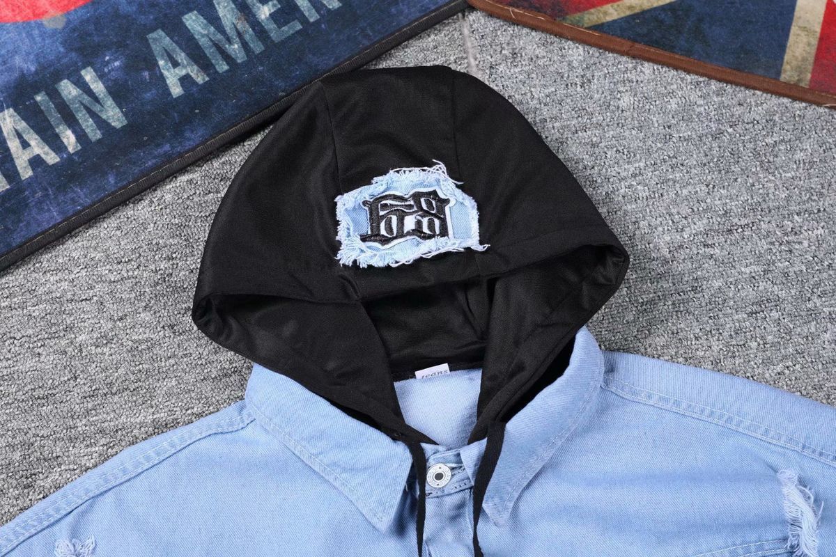 Men's Loose Fit Hooded Denim Jacket Korean Style Workwear Coat False Two-Piece Black Blue Autumn Streetwear with Tags_viptrois.com