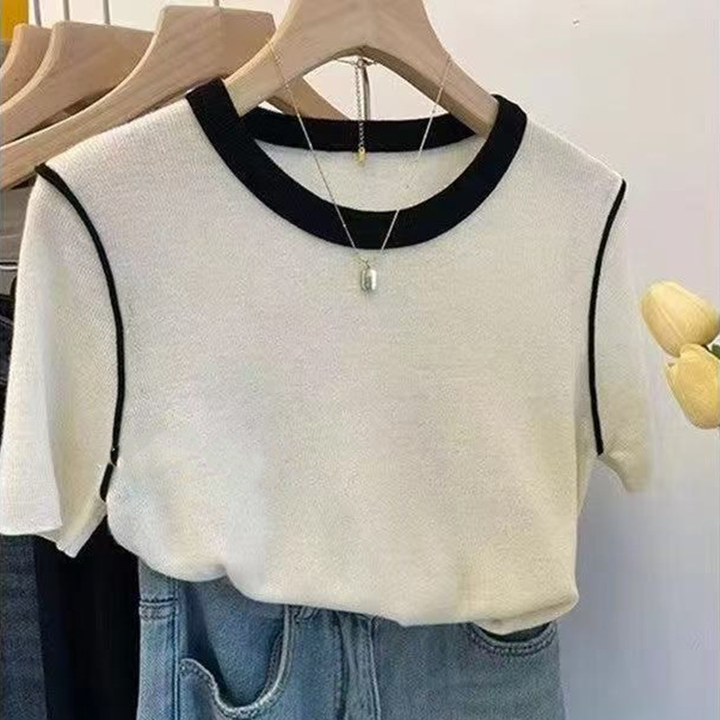 2025 estilo occidental de verano con camisa de fondo delgada y delgada, cuello redondo de color de contraste coreano, suéter de manga corta de todo fósforo para mujer image 5