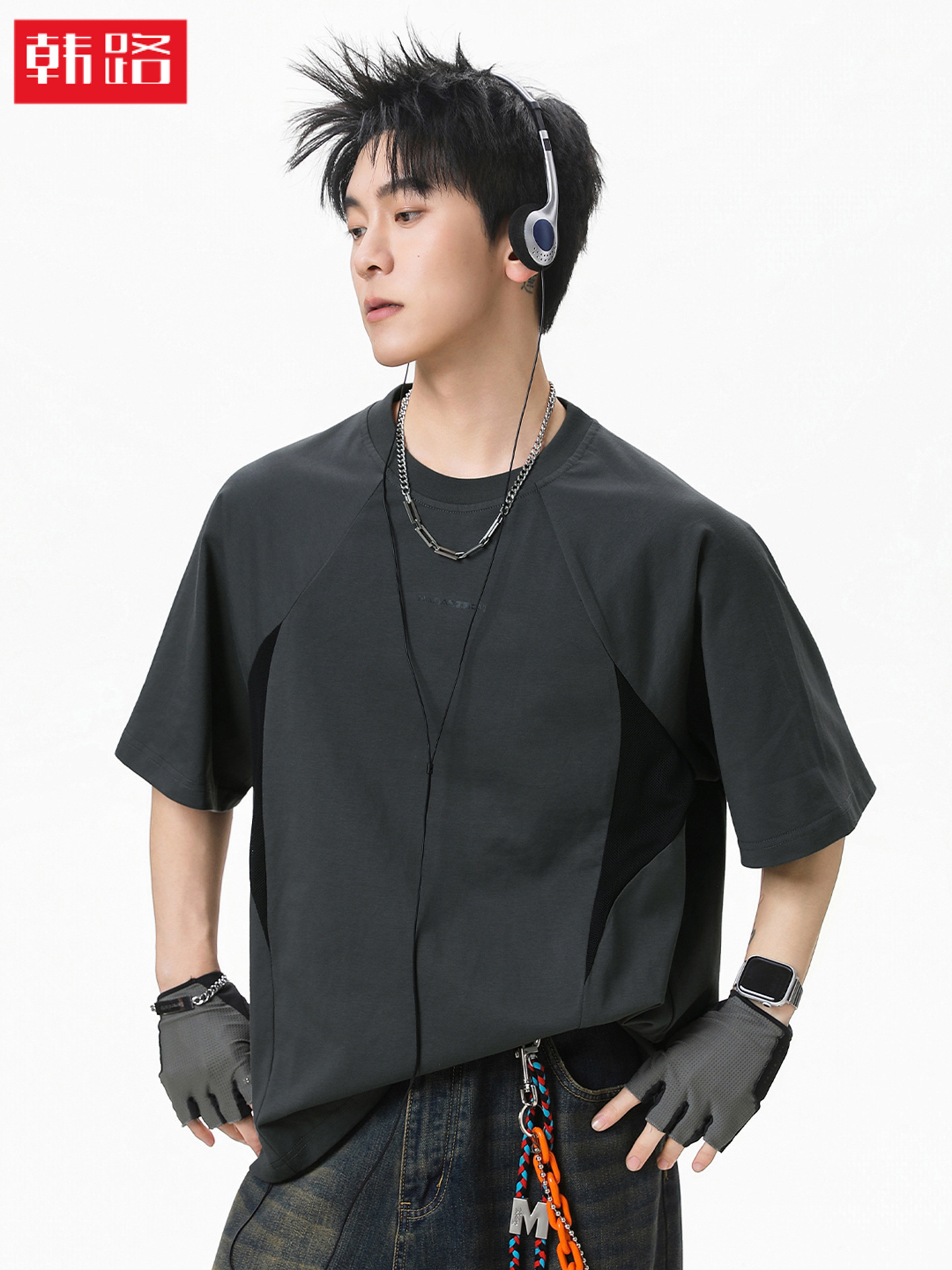 American-Style Trendy Brand Irregular Mesh Patchwork Short-Sleeve T-Shirt for Men, Summer Thin Breathable Loose Sports T-Shirt