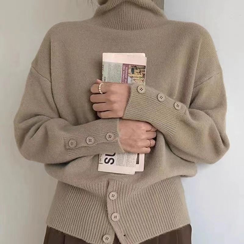 【 Famiglia Cashmere 】 Maglione corto alto in lana, strato interno lavorato a maglia con collo in pelo spesso e largo da donna_voghion.com