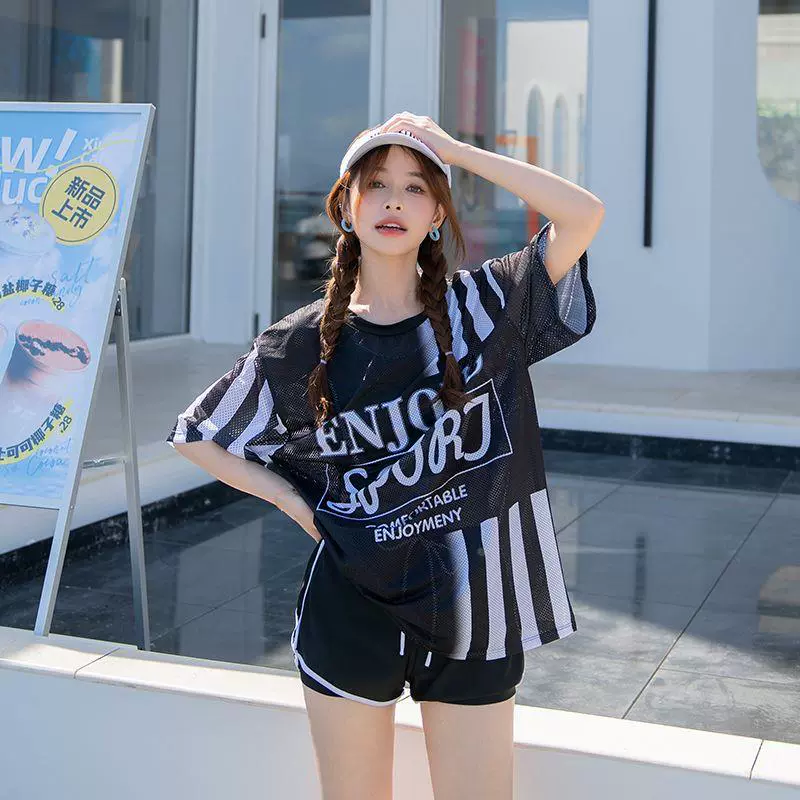 2025新款美式球衣分体罩衫防晒三件套短袖显瘦运动学生遮肚泳衣女