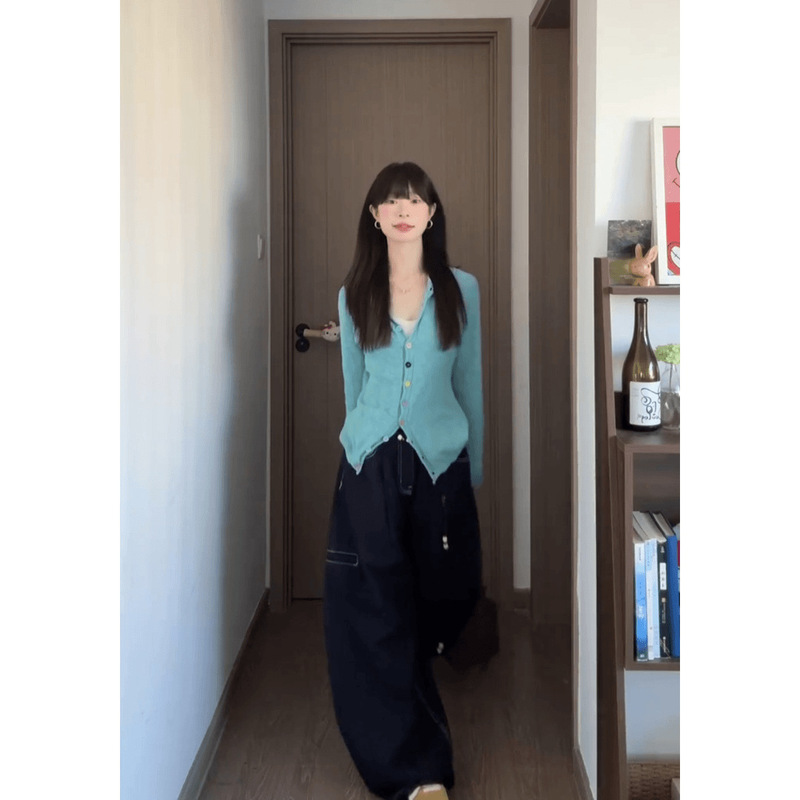 女生韩系ins衣服蓝色V领显白长袖针织衫上衣牛仔裤套装|undefined