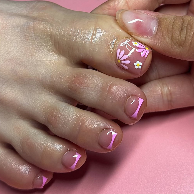 Spring Fresh Pink French-Style Press-On Nails with Pink Flowers and Bowknots, Press-On Toenails, Press-On Fake Nails