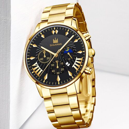 Cross-border new minimalist scale fashionable three-eye business watch for men, steel strap, non-mechanical casual calendar men's watch