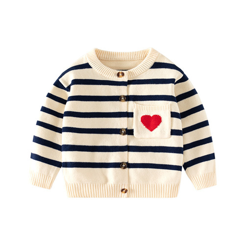 Small heart striped infant sweater A-class combed cotton knit children's sweater cardigan spring infant sweater cardigan