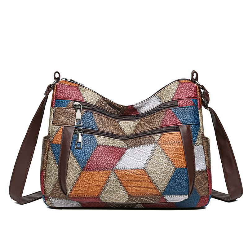 Sac à dos bandoulière patchwork grande capacité en cuir souple, style rétro simple, idéal pour les mamans d'âge mûr (collection 2024)._voghion.com