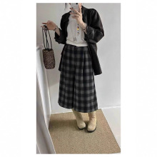 2025秋冬新款日韩复古毛呢阔腿裤女高腰宽松大格裤休闲裤女七分裤