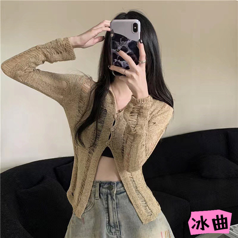 Springtime design, hollow-out knitted long-sleeved sun-protective cardigan, women's clothing, French sweet style, irregular Japanese style top.