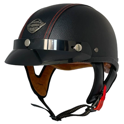 and women's half helmet electric, Motosiklet kaskı (dəbilqə) - black-and-red-line-leather-helmet-m