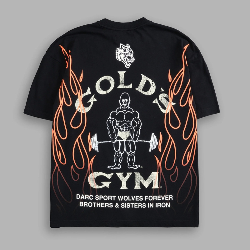 American Retro Gold's Gym Flame Wolf Head Print Short-Sleeved T-Shirt Men's Loose Heavyweight Fitness Sports Top