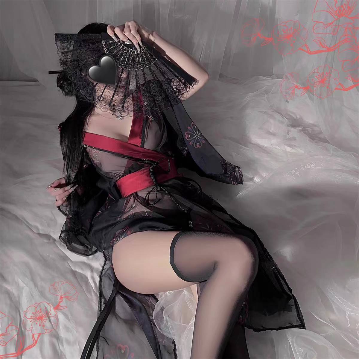 Sexy Kimono-Style Roleplay Lingerie Set with Obi Belt and Panties, Sheer Mesh — detail image 4