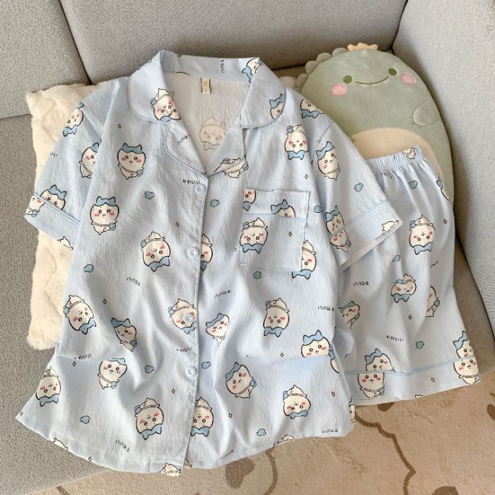 Venta al por mayor transfronteriza verano nuevo pijama mujer nube algodón dibujos animados a cuadros solapa cárdigan manga corta dulce traje de servicio a domicilio