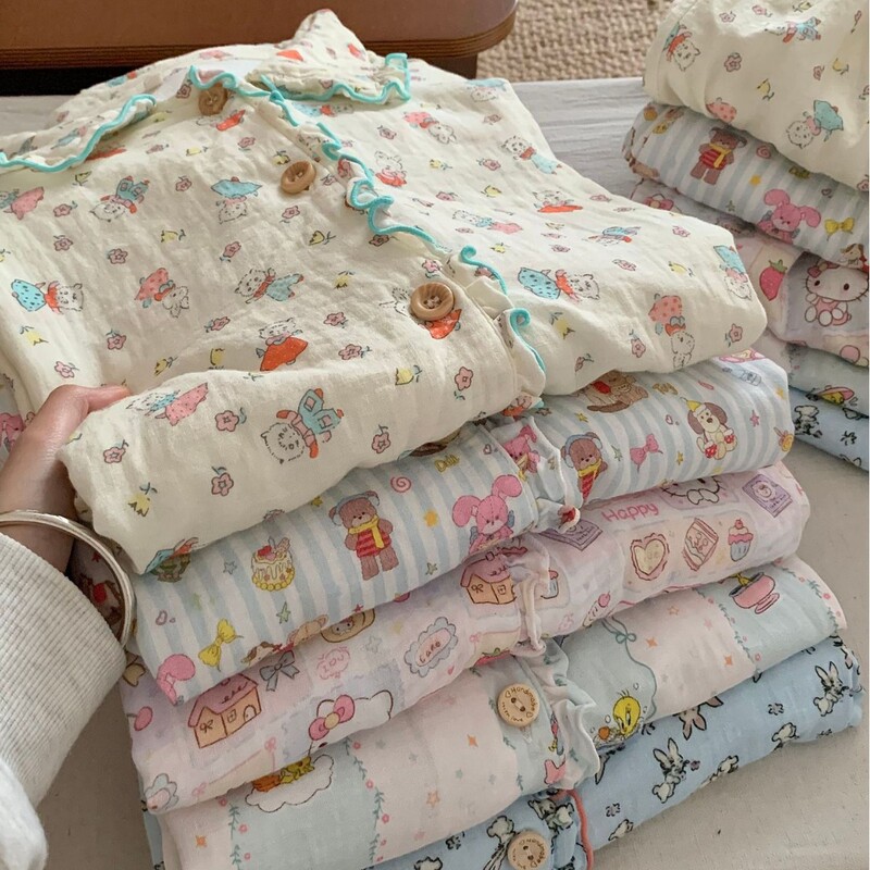 Multiple colors available! Class A all-cotton double-layer gauze ruffle doll collar long-sleeve long-pants pajama set home wear Multiple colors available! Class A all-cotton double-layer gauze ruffle doll collar long-sleeve long-pants pajama set home wear