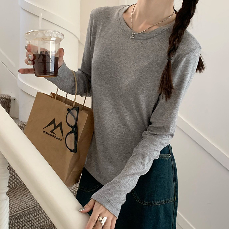 秋季新高级感高弹软糯纯色圆领长袖正肩打底衫女内搭打底T恤上衣|undefined