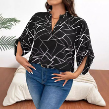 春装新款女衬衫长袖韩范宽松百搭V领黑白条纹衫衬衣