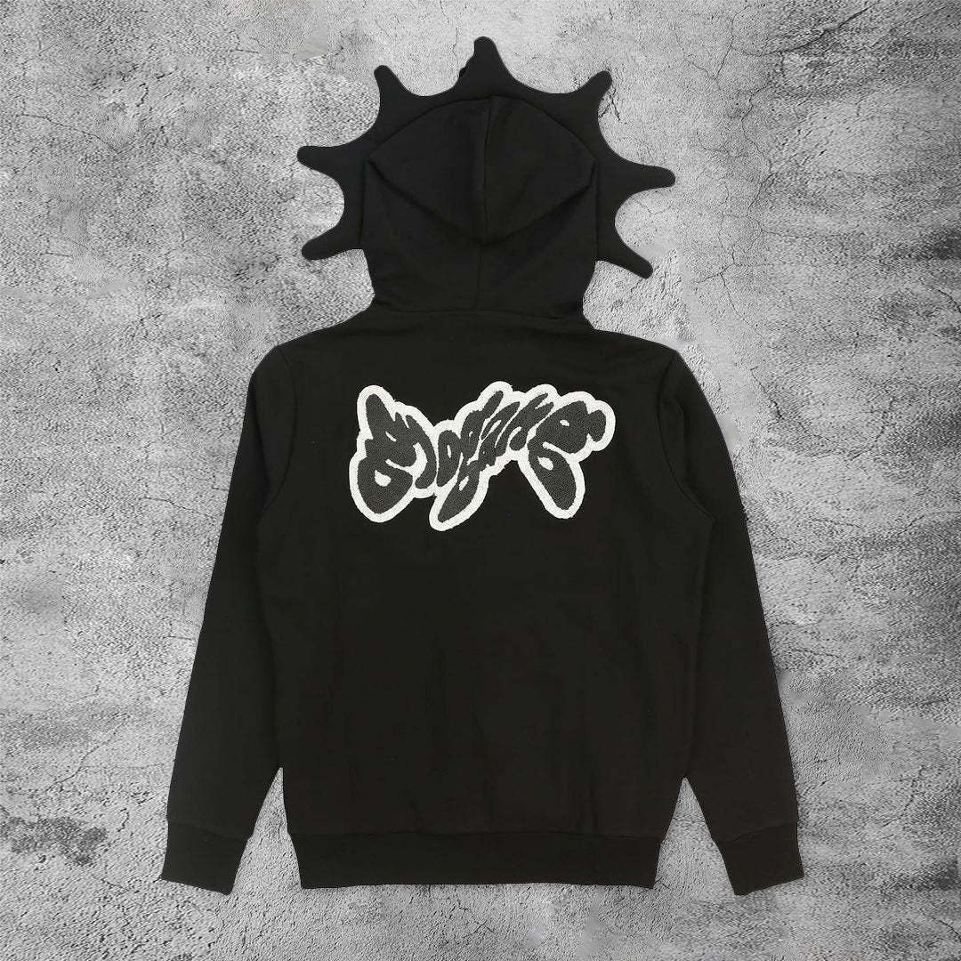 Sweat à capuche zippé requin imprimé squelette style gothique_voghion.com