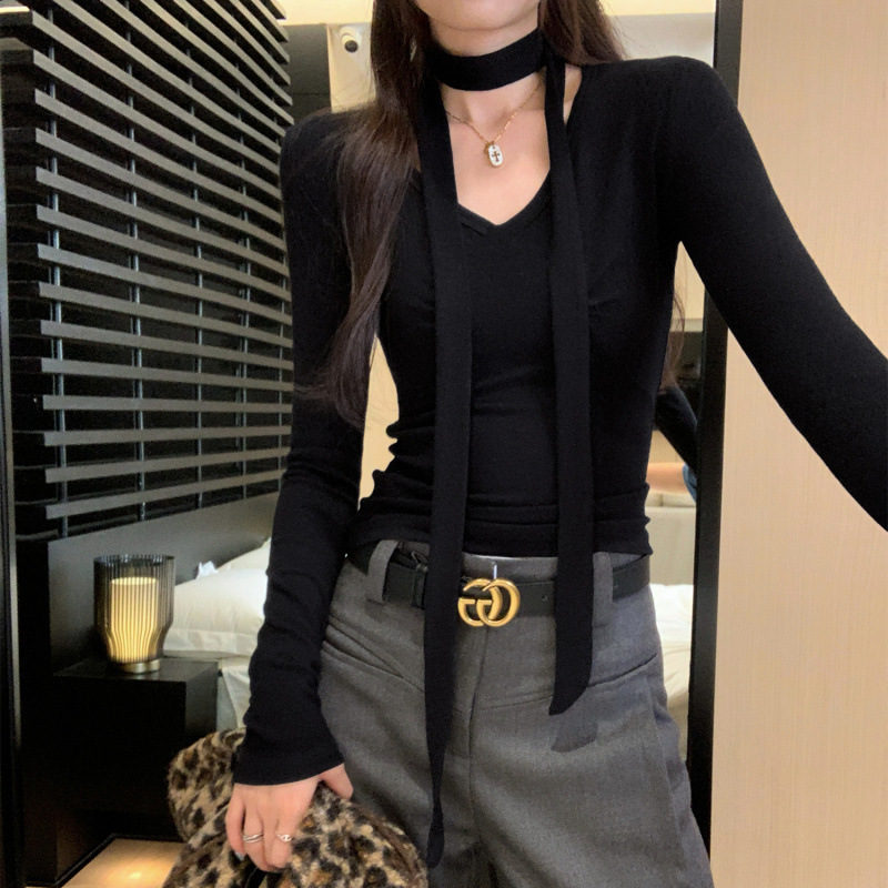 独特漂亮粉色围脖飘带长袖T恤女早秋2025新款巨气质内搭打底上衣|undefined