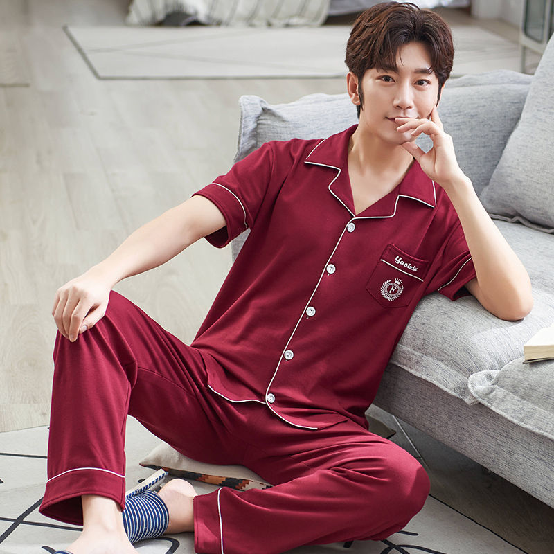 Pijamas de hombre ropa de verano 100% algodón pantalones de manga corta chaqueta juvenil traje de homewear delgado de mediana edad