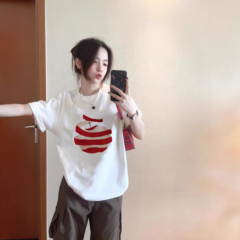 White Pure Cotton Apple Short-Sleeve T-Shirt for Women, Summer 2026 New Design, Niche Style, Regular Shoulder, Loose Half-Sleeve Top, Trendy