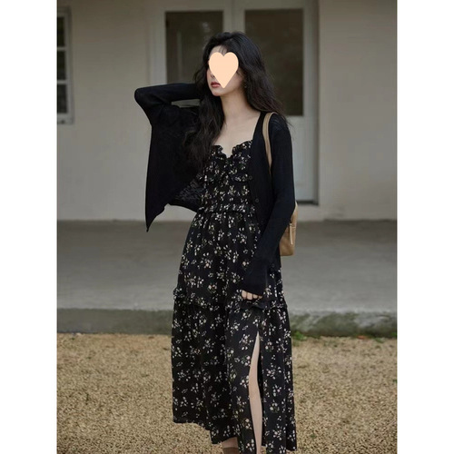 Women's Summer 2025 Fashion French Pure Desire Princess Style Floral Print Tank Top Dress and Cardigan Two-Piece Set