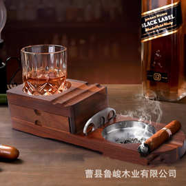 跨境木质雪茄收纳盒烟灰缸威士忌酒杯托实木烟灰收纳盒商用烟灰缸